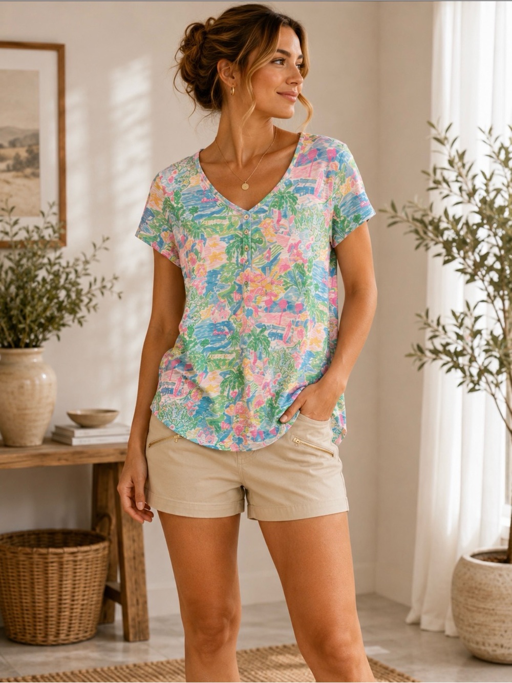 Lilly Pulitzer California Print V-Neck Tee Size S Colorful Tropical